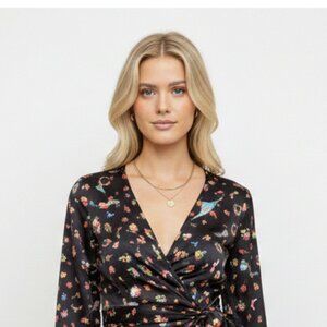 Cynthia Rowley XS Black Floral Long Sleeve Wrap Blouse
